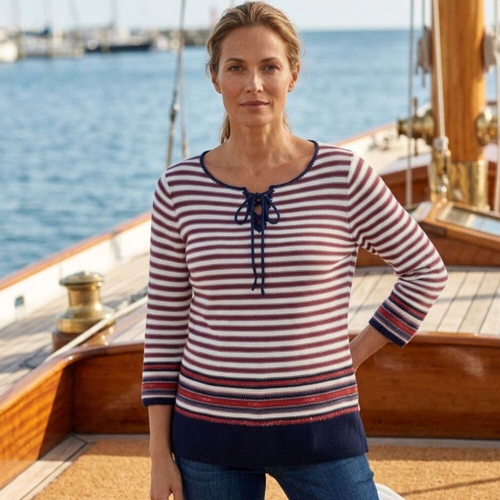Lauren Ralph Lauren Nautical Stripe Sweater Womens Sz L Lace Up Neck Patriotic